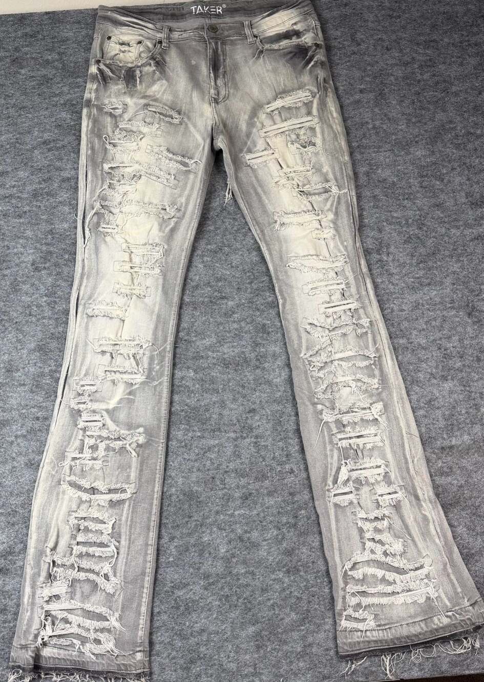 Taker Distressed Stacked Jeans Size 36x38 Grey Wash Denim Pants
